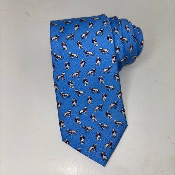 Brooks Brothers Makers 100% Silk Tie Dog Print Blue Necktie - Picture 1 of 7